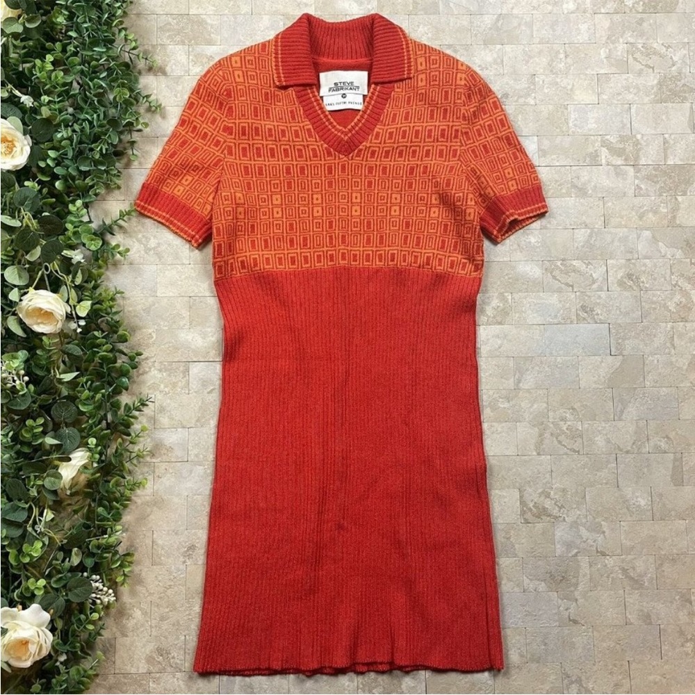 Vintage Knit Wool Collared Red and Orange Sweater Dress